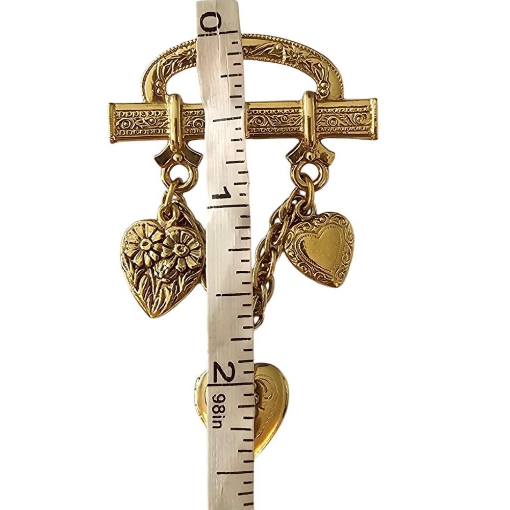 1928 Brand Bar Pin Heart Chain Dangle Brooch Locket Pin J522 - Picture 7 of 8